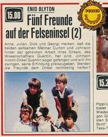 Zeitungsausschnitt: Fnf Freunde auf der Felseninsel (2): Anne, Julian, Dick und Georgi merken, da die beiden selstamen Mnner Curton und Johnson hinter der geheimen Arbeit ihres Onkels, des Wissenschaftlers Quentin, her sind. Johnson nimmt Onkel Quentin sogar gefangen und will ihn zwingen, seine Erfindung preiszugeben. Werden die Freunde dem Onkel rechtzeitig helfen?